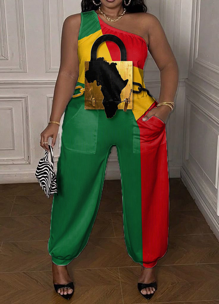 Juneteenth Afro Colorblock Print One Shoulder Jumpsuit