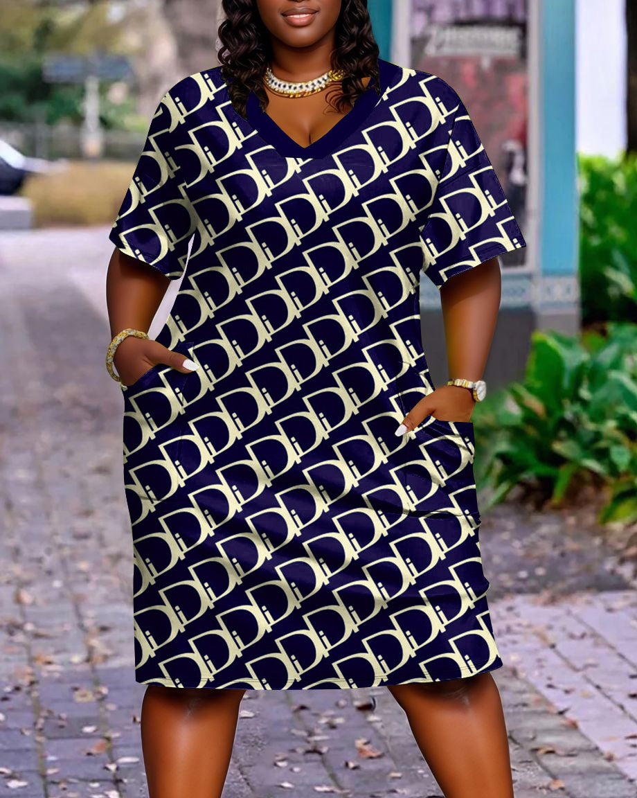 Fun Letter Puzzle Casual V-neck Pocket Dress