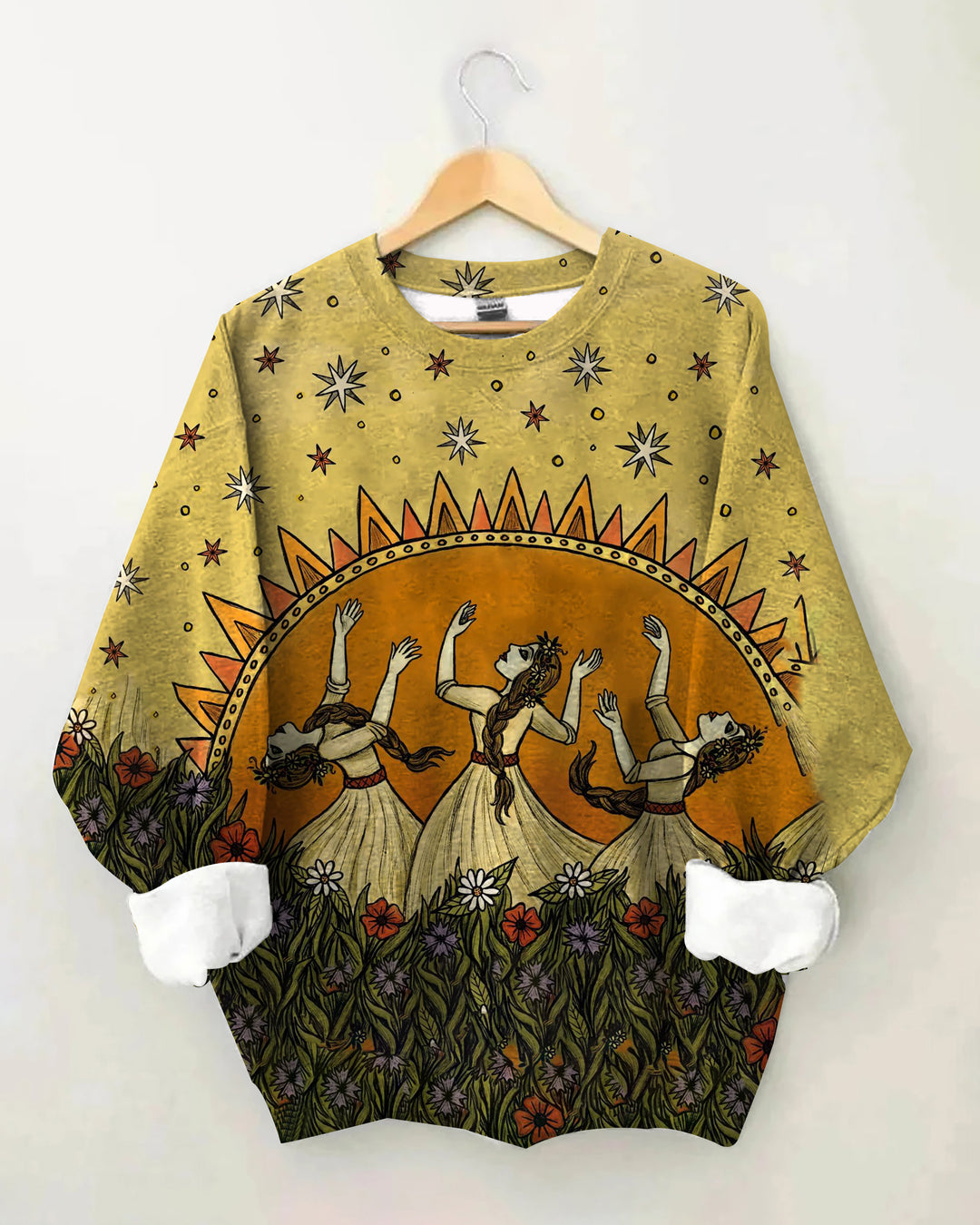 Retro Printed Round Neck Long Sleeve Casual Sweatshirt