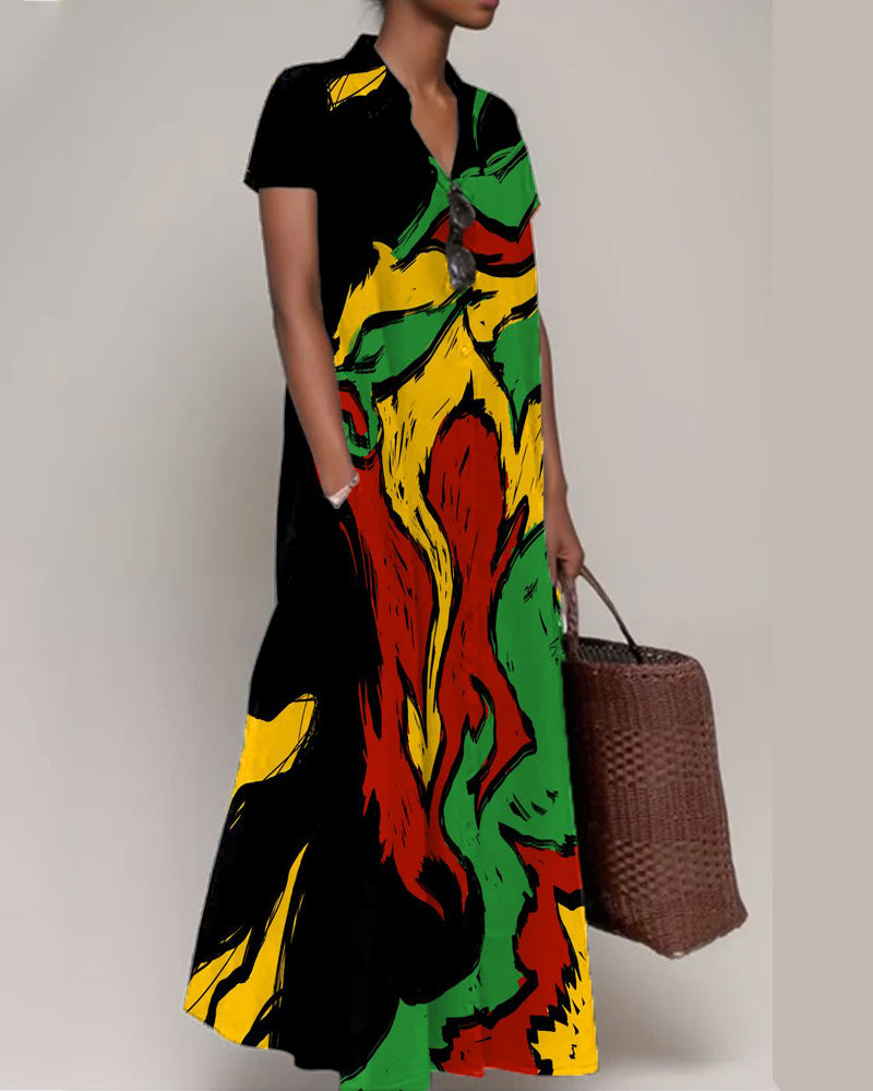 Juneteenth Black Short Sleeve Lapel Maxi Dress
