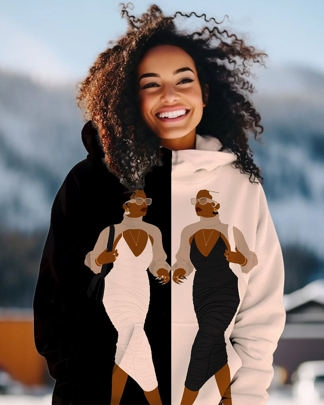 Contrast Color Curly Hair Girl Long Sleeve Hoodie
