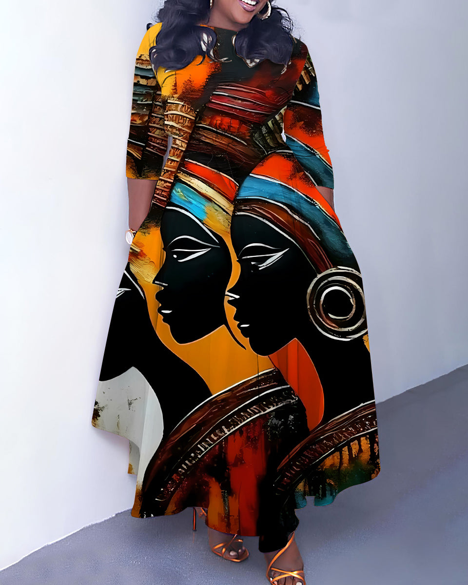 Tribal Girl Art Long Sleeve Pockets Maxi Dress