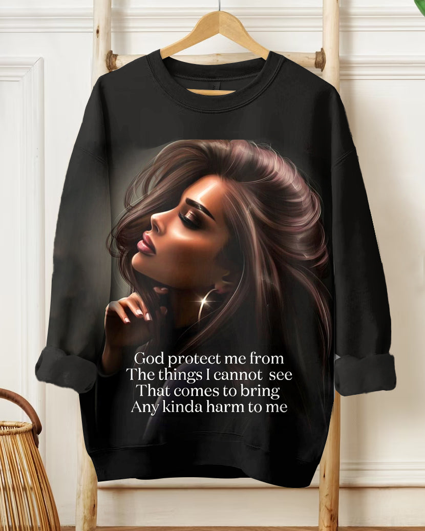 God Protect Me From The Things I Cannot See That Letter Cartoon Print Long Sleeve Sweatshirt