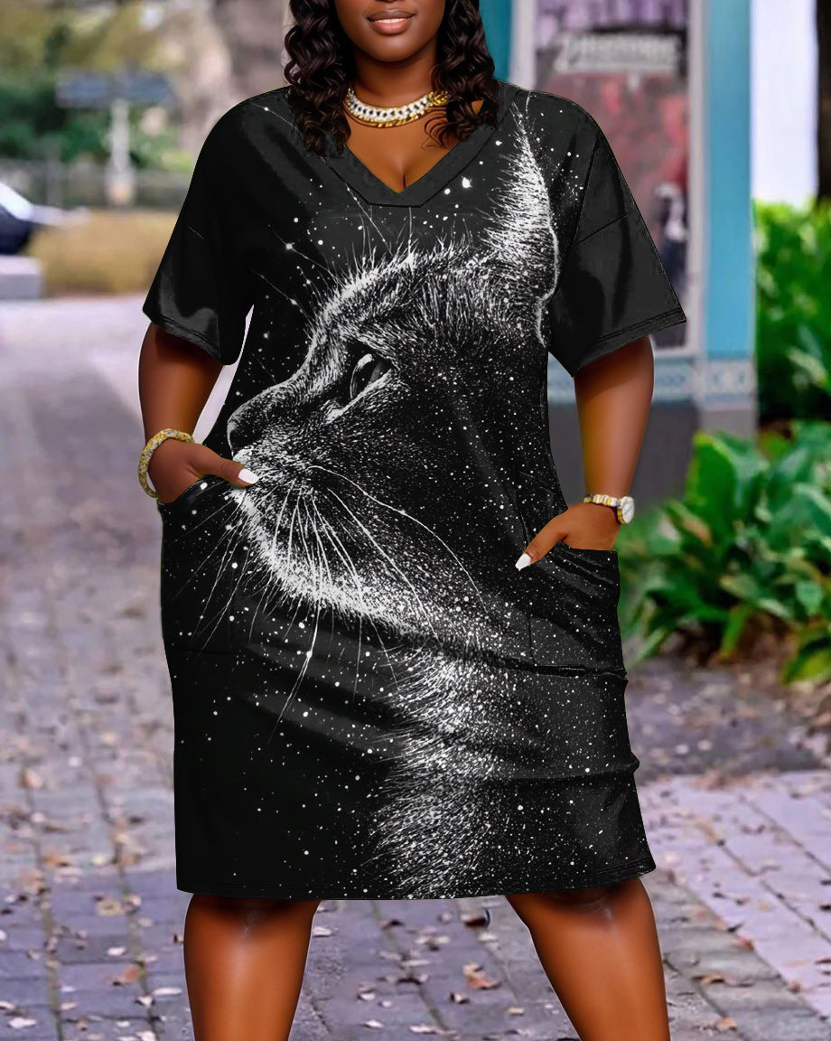 Fun Cat Print Casual V-neck Pocket Dress