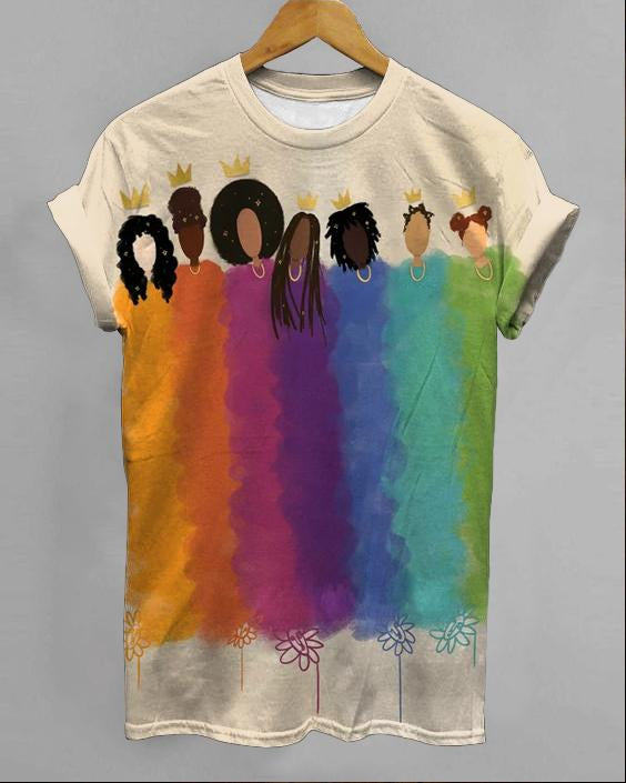 Black Color Matching Cartoon Crew Neck Women's T-shirt
