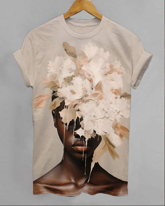 Black Women Flowers Illustration Short Sleeve Tshirt