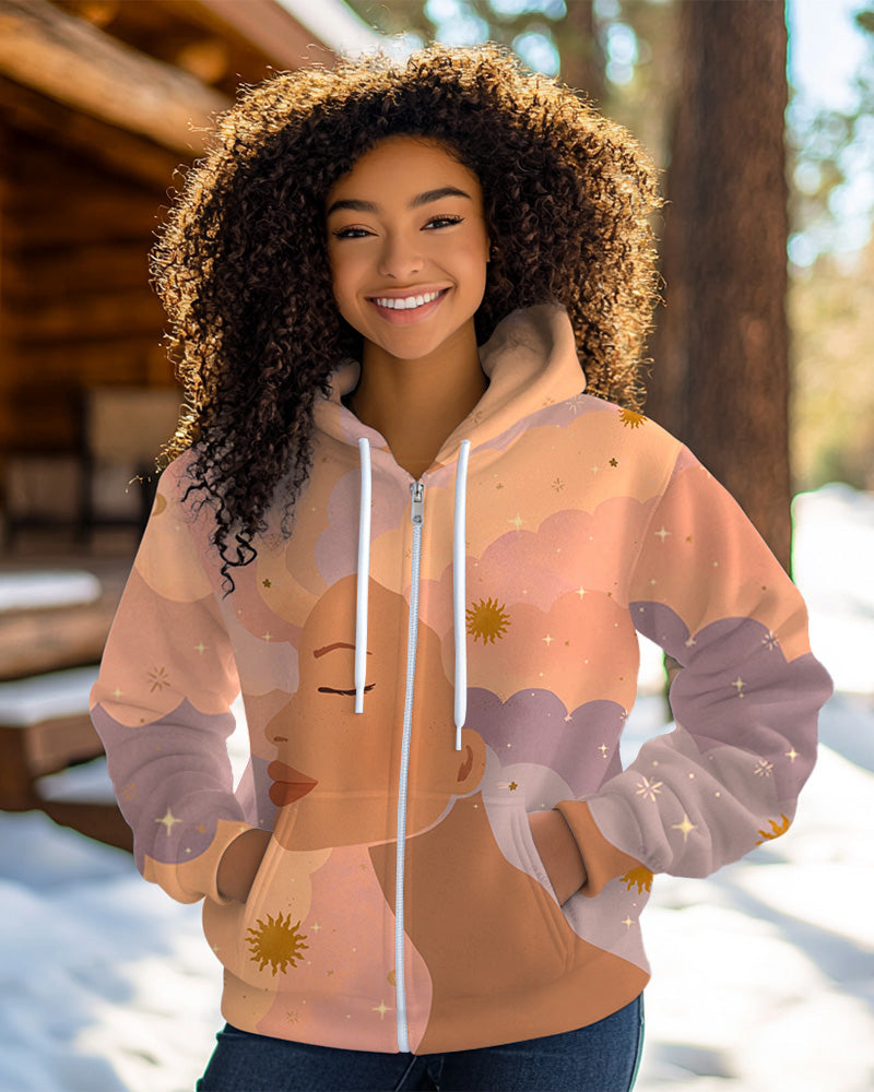 Rainbow Curls Printed Zippered Hooded Long-Sleeved Casual Hoodie