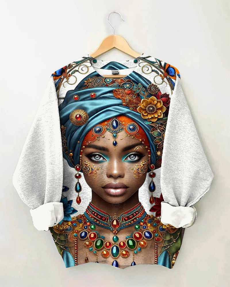 Black Girl Ethnic Style Art Crew-neck Long Sleeve Top