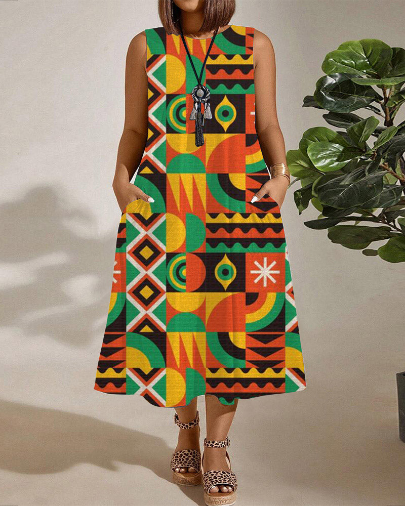 Juneteenth Geometric Panel Sleeveless Pocket A-Line Dress