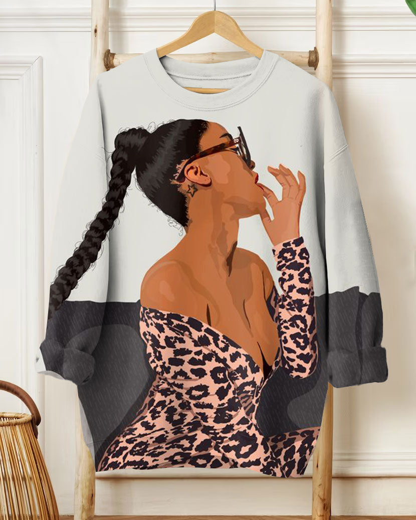 Women's Fashion Sexy Leopard Beautyl Print Long Sleeve Sweatshirt
