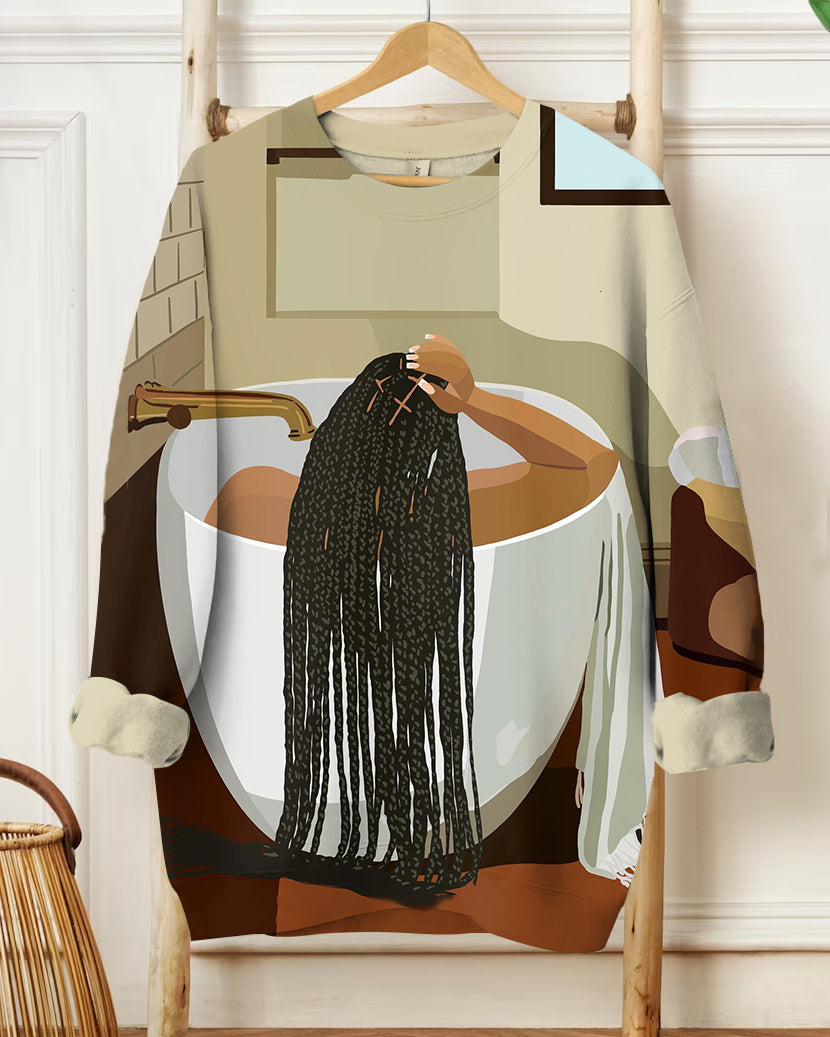 Women's Fashion Bathroom Braided Girl Art Print Long-sleeved Sweatshirt
