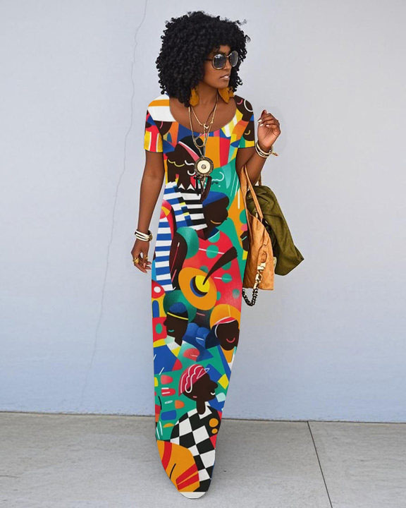 Afro American People Dancing Short Sleeve Crew Neck Maxi Dress