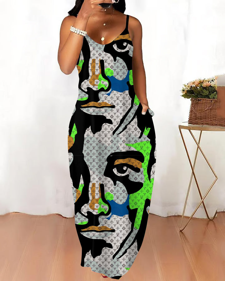 Sling Artistic Face Letters Pocket Maxi Dress