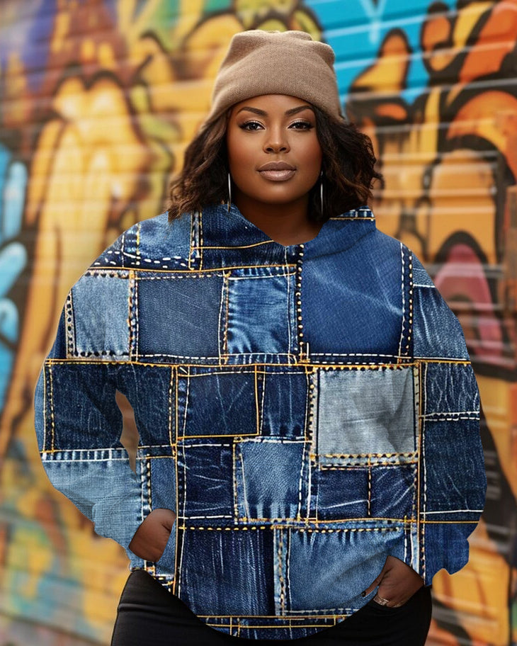 Women's Denim Patch Print Long-sleeved Hooded Sweatshirt