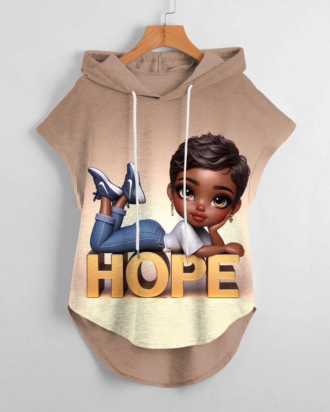Cartoon Girl Hope Low Hem Drawstring Hooded Tee