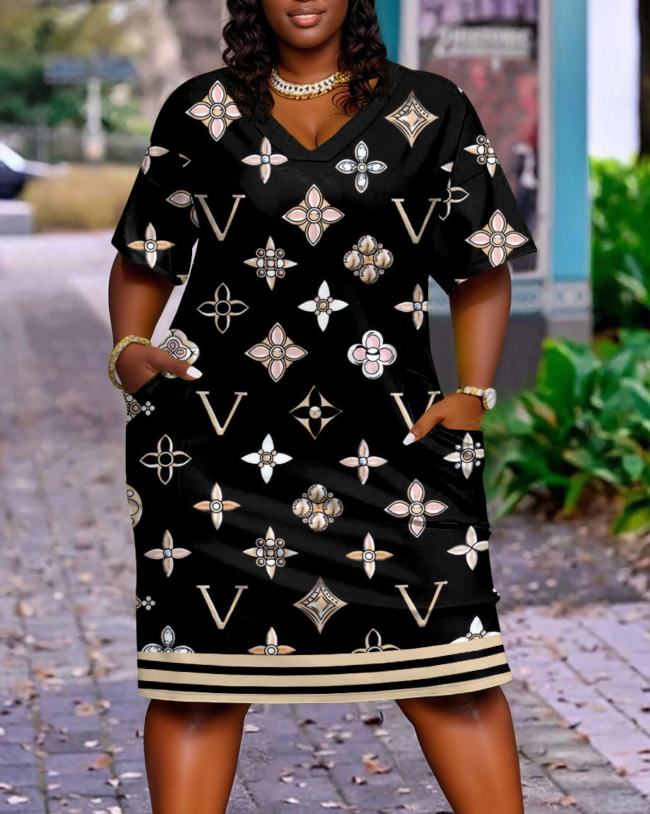 Gem Flower Letter Stitching Casual V-neck Pocket Dress