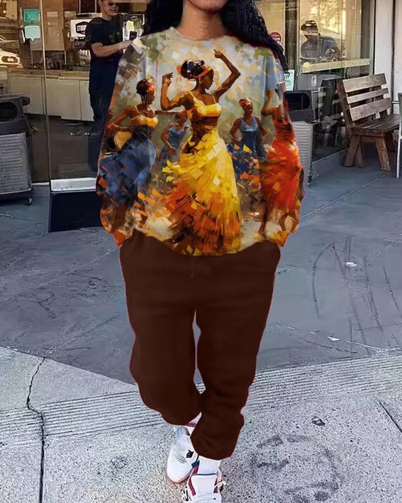 Black people dancing oil painting personalized printed round neck sweatshirt trousers women's suit
