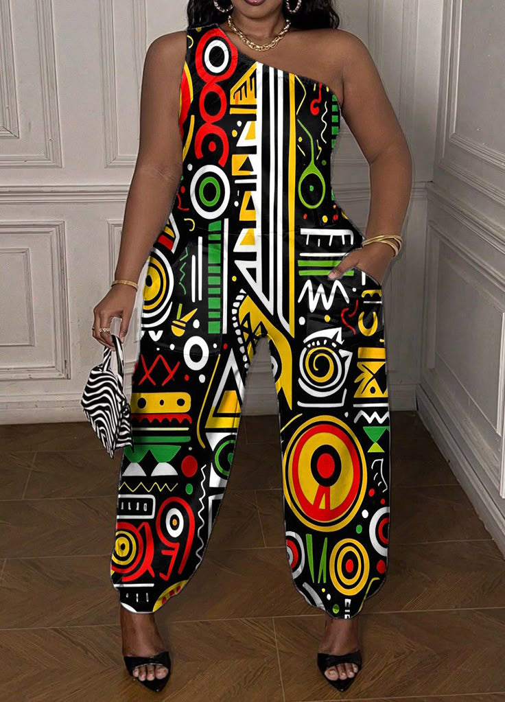 Juneteenth Black Retro Geometric One Shoulder Jumpsuit