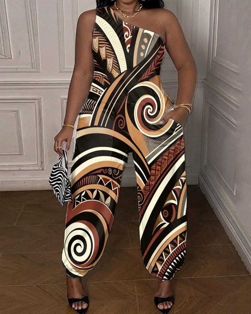 Retro Ethnic Style Printed Women's One-shoulder Jumpsuit