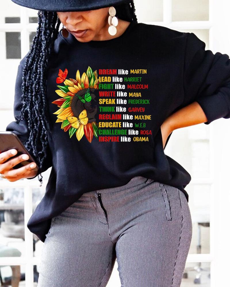 Black color contrast letter personalized sunflower print round neck ladies sweater