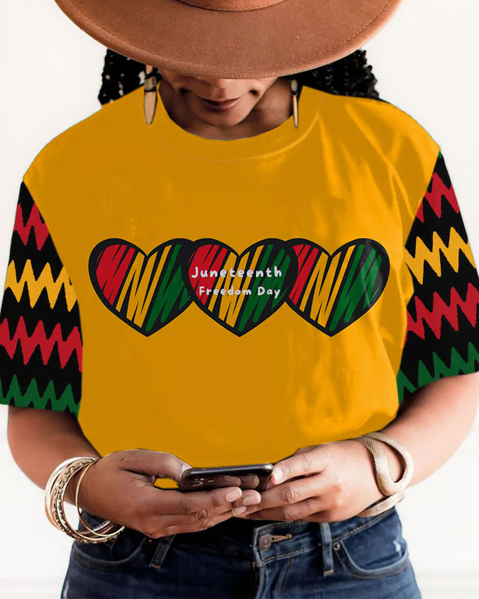 Juneteenth Love Heart Print Crew Neck Short Sleeve Tshirt
