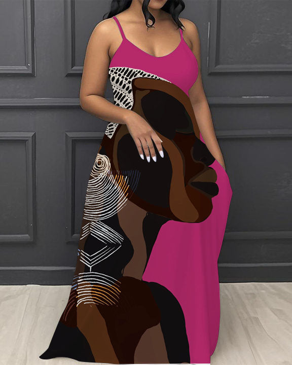 Art Illustration Portrait V-Neck Pocket Cami Dress