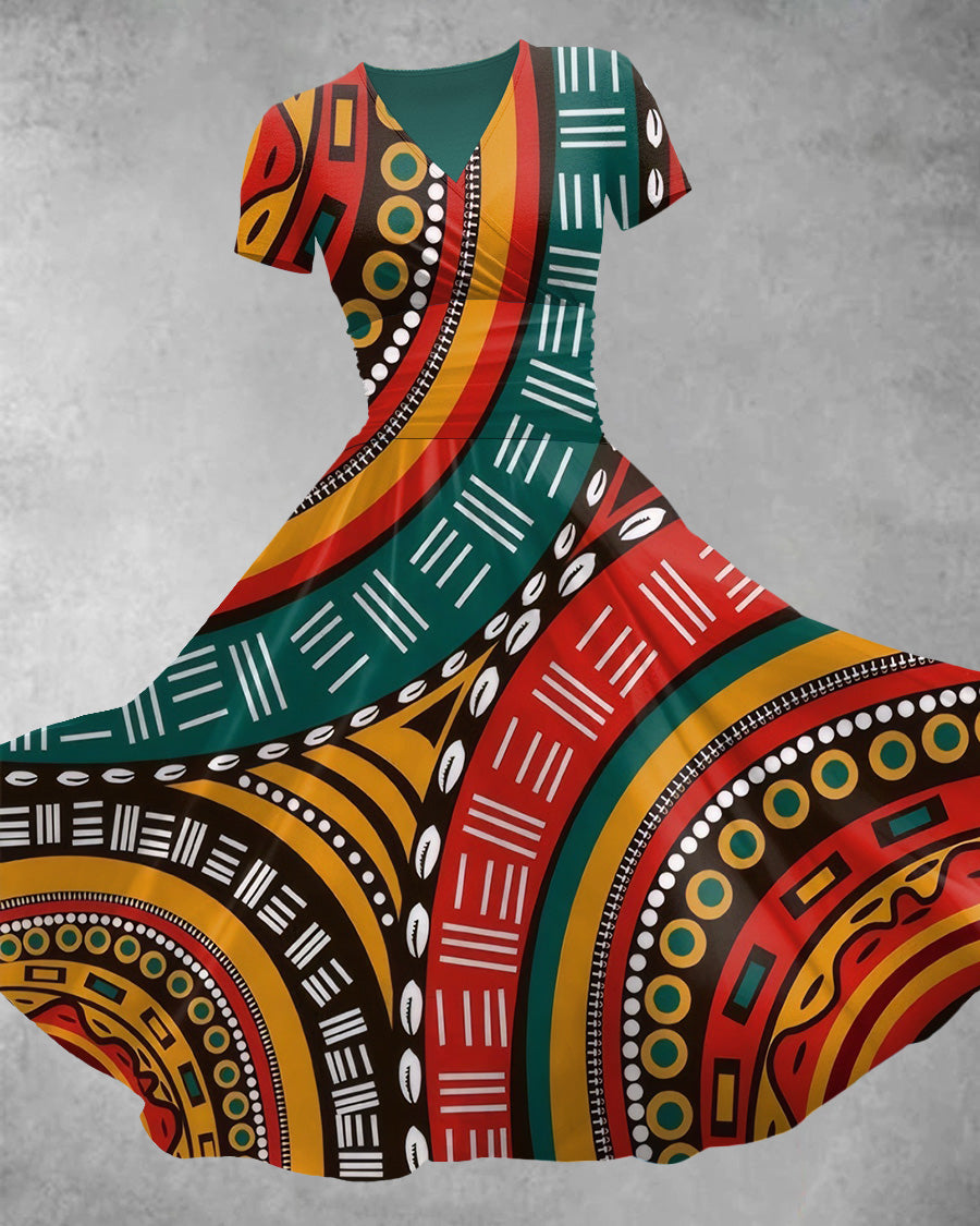 V Neck African American Culture Print Maxi Dress