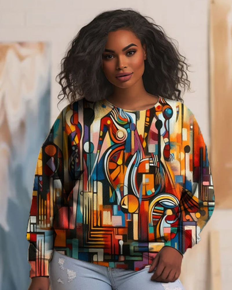 Black Ethnic Style Color Matching Art Print Crew-neck Top