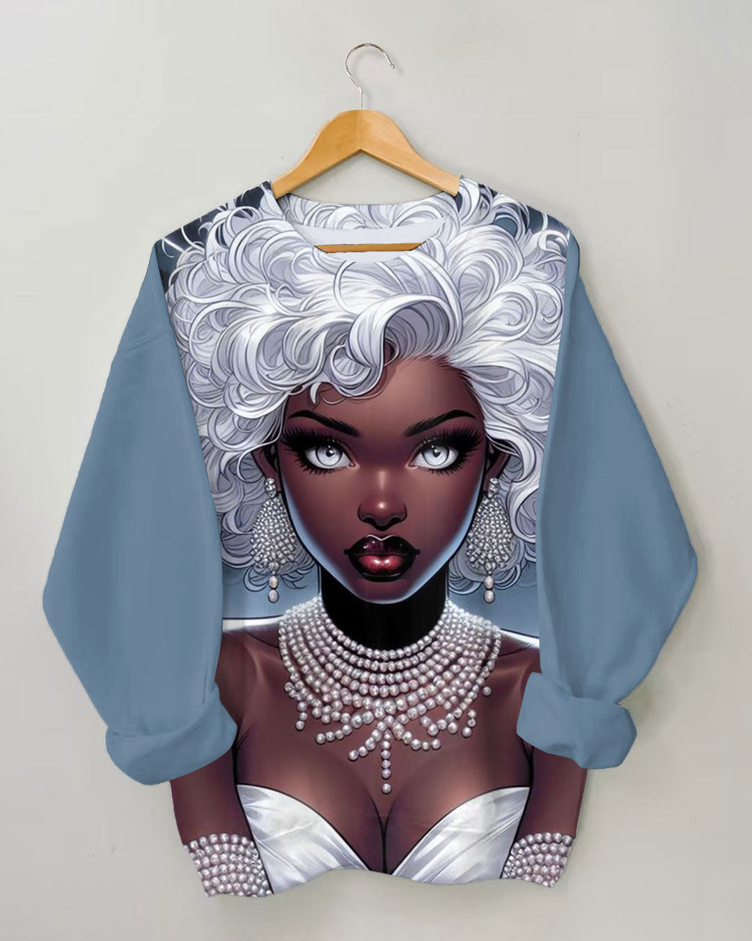 Women's Gorgeous Pearl Necklace Afro Girl Print Long-sleeve Sweatshirt