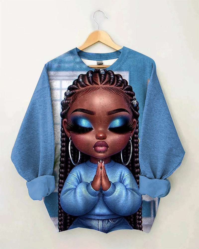 Dreadlocks Cartoon Black Girl Crew Neck Long Sleeve Sweatshirt