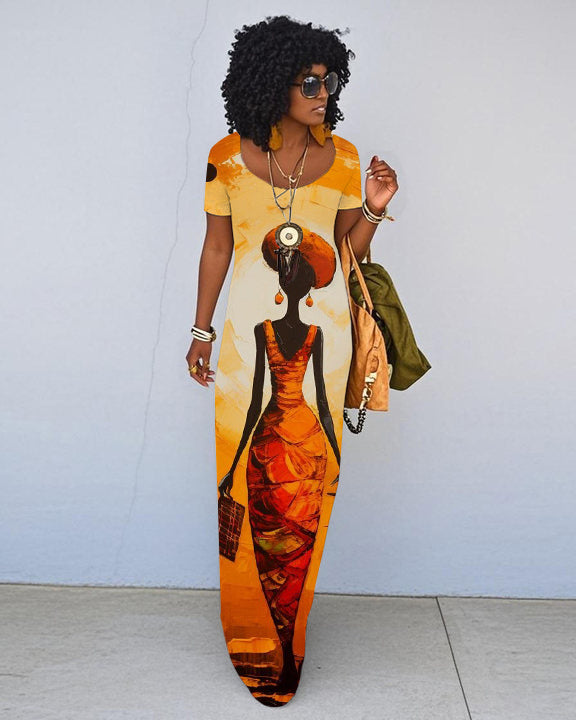Ethnic Print Short Sleeve Crew Neck Maxi Dress