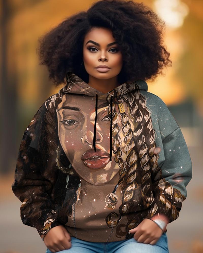 Black Girl's Oil Painting Printed Hoodie With Curly Hair And Dirty Braids