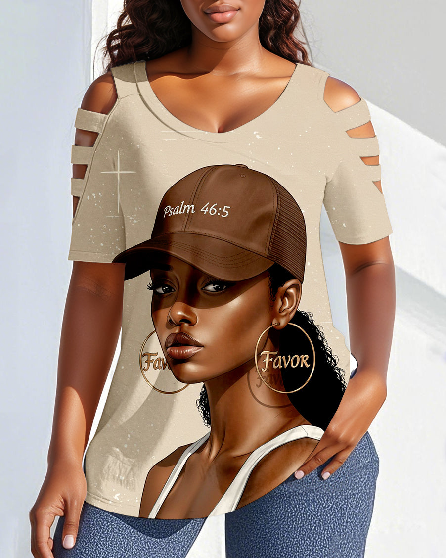 Brown Suger Baby Round Neck Off-shoulder Short-sleeved T-shirt