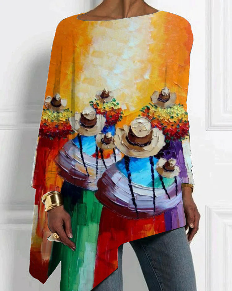 Personalized oil painting printing irregular hem top