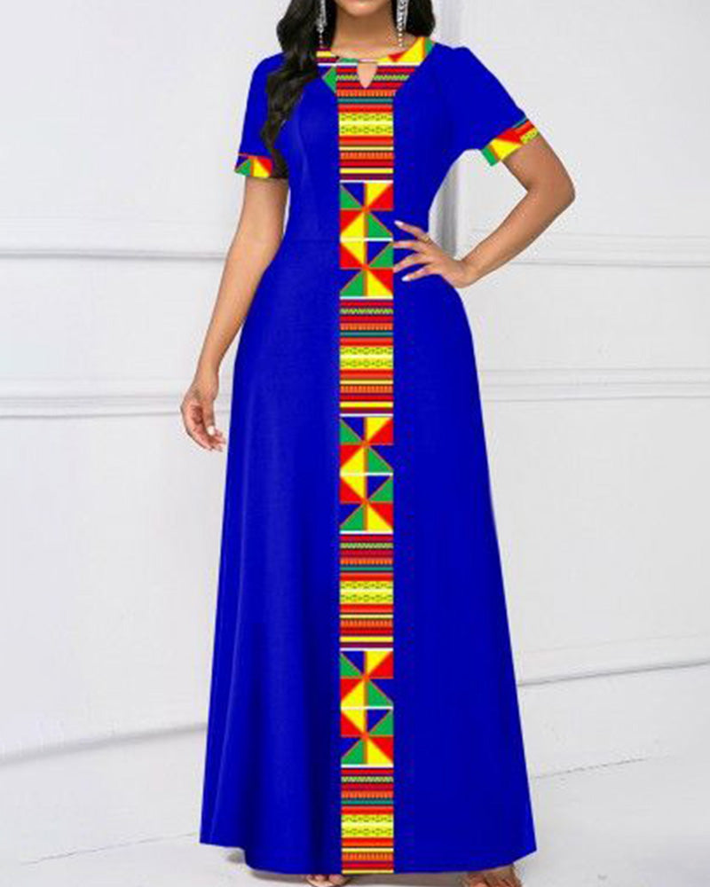 Ethnic style print stitching short-sleeved fashion dress