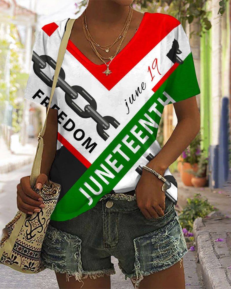 Juneteenth Freedom V Neck Short Sleeve Tshirt