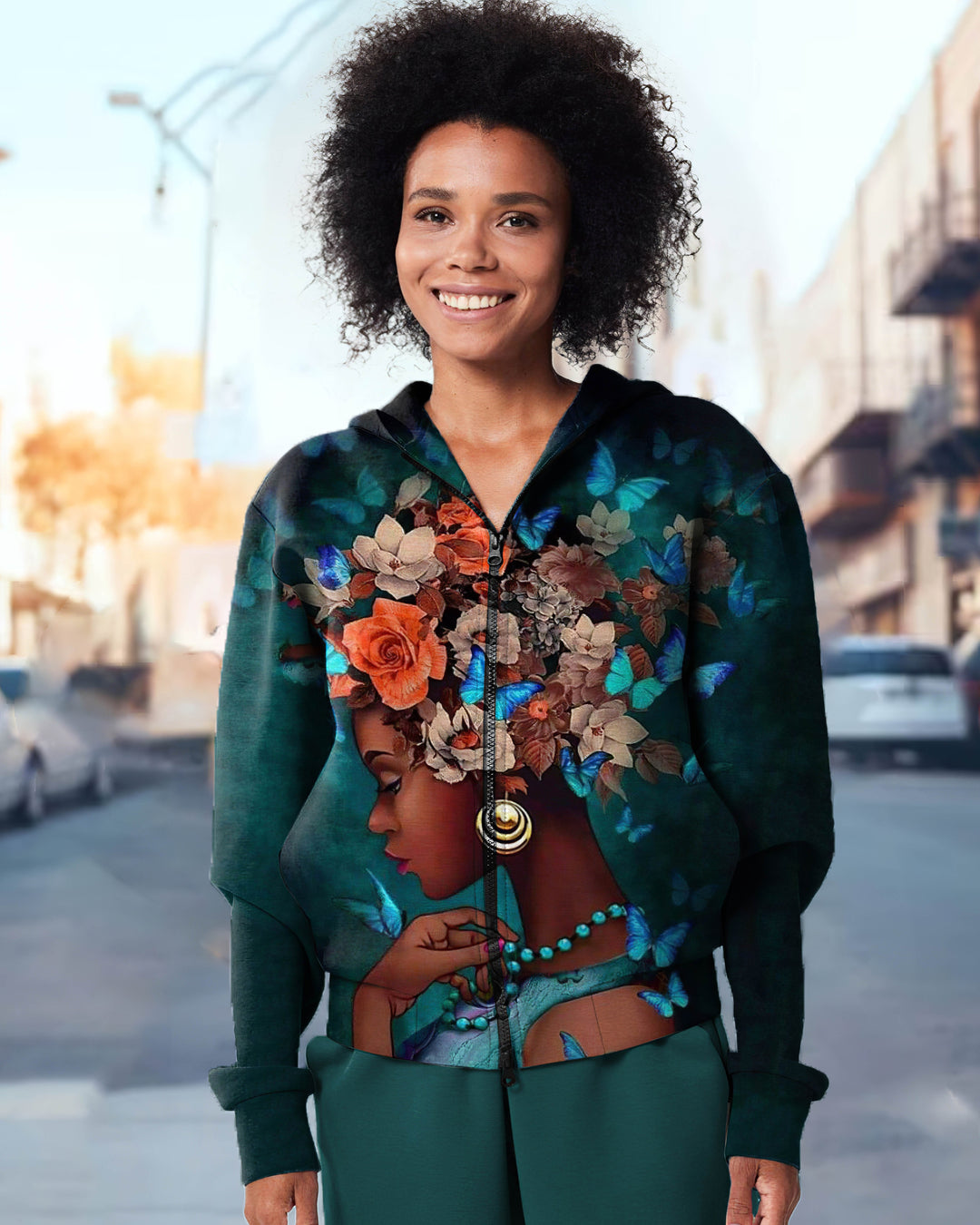 Brown Curly Flower Butterfly Girl Zip Hood Long Sleeves Hoodie