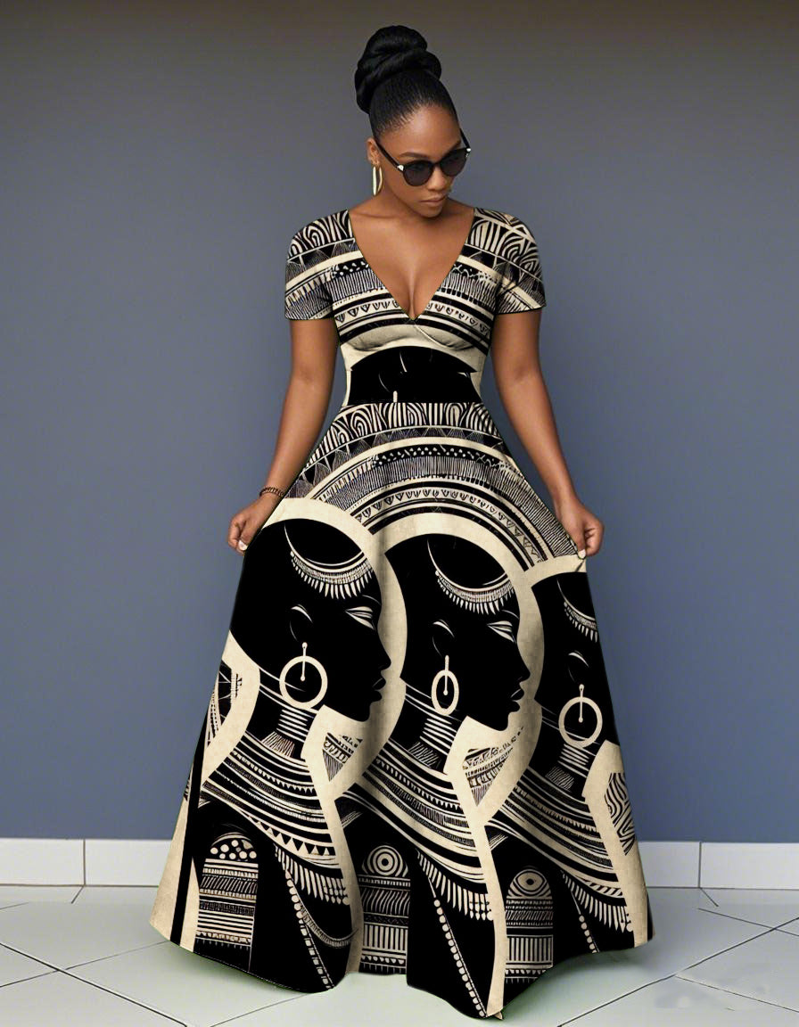 V Neck African Woman Canvas Short Sleeve Maxi Dress