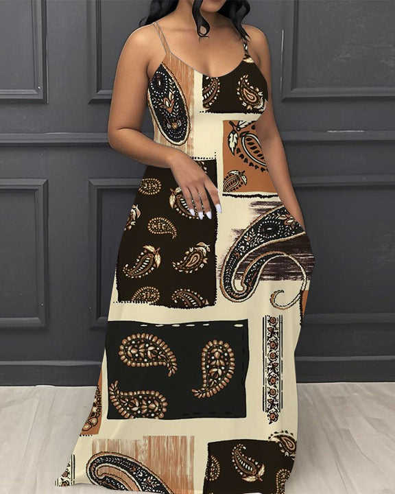 Retro Paisley V-Neck Pocket Cami Dress