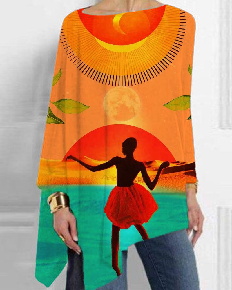 Personalized colorful black print irregular hem top
