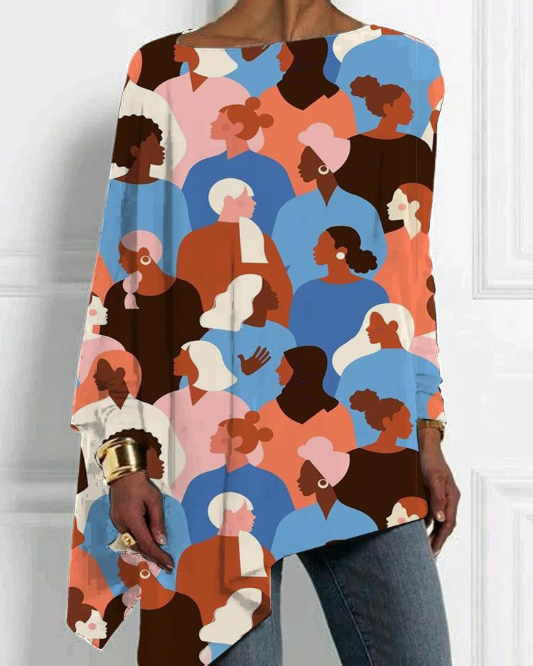 Artistic Cartoon Print Irregular Hem Top