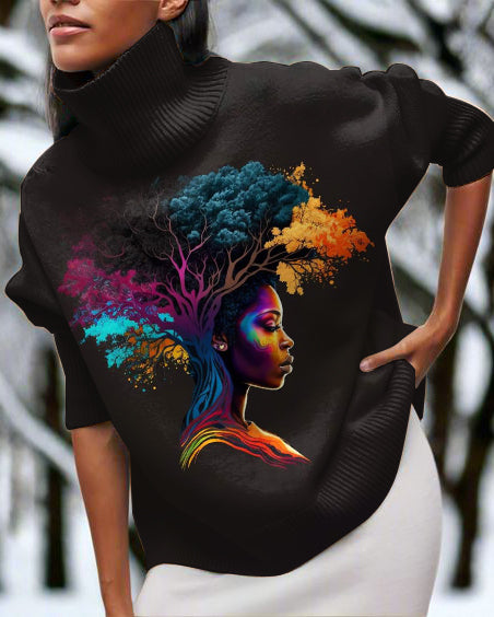 Retro Curly Girl Illustration High Neck Long Sleeve Top