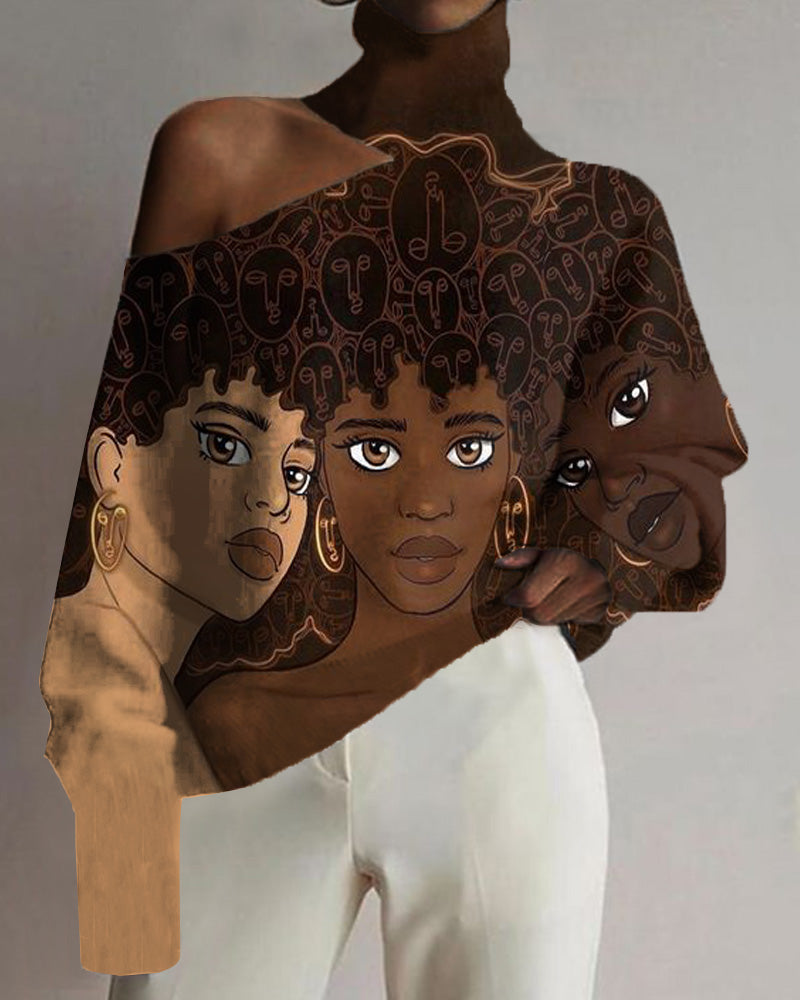 Black Girl Cartoon Ethnic Style Vintage Print High Neck Long Sleeve Top
