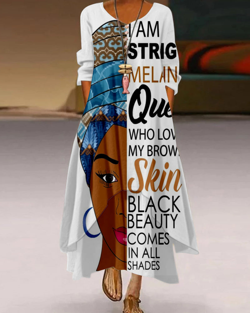 Casual Black Girl Alphabet Print Round Neck Long Sleeve Long Dress