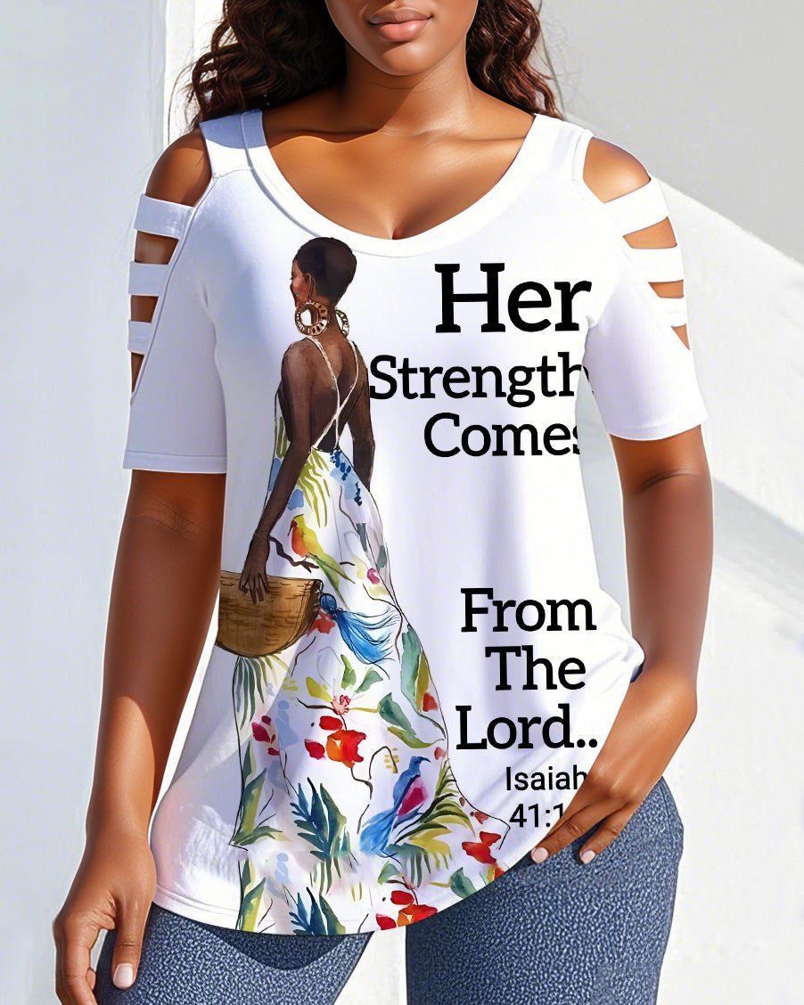 Her Strong Comes From The Lord Round Neck Off-shoulder Short-sleeved T-shirt