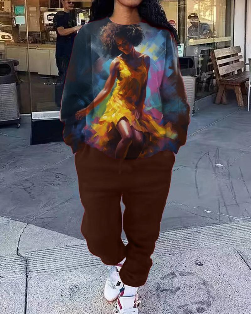Black girl dancing oil painting printed round neck sweatshirt trousers women's suit
