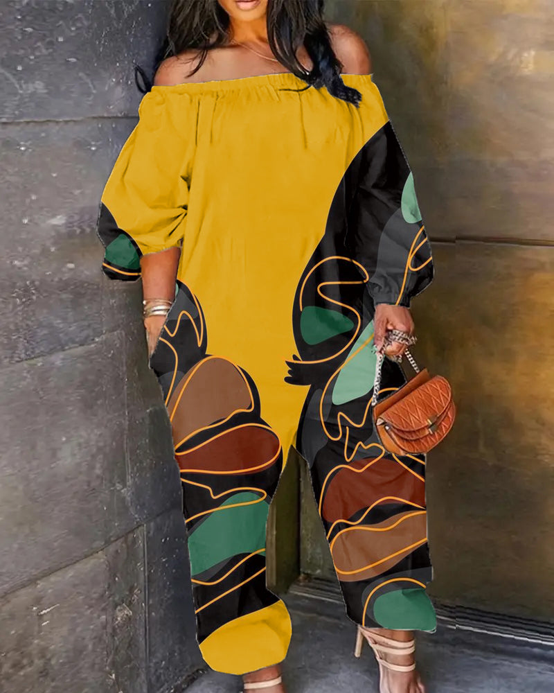 Black Art Color Matching One-shoulder Print Jumpsuit