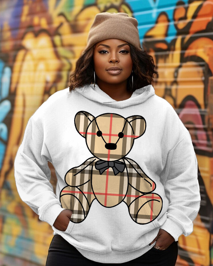 Women's Cute Cartoon Brown Bear Print Long-sleeved Hooded Sweatshirt