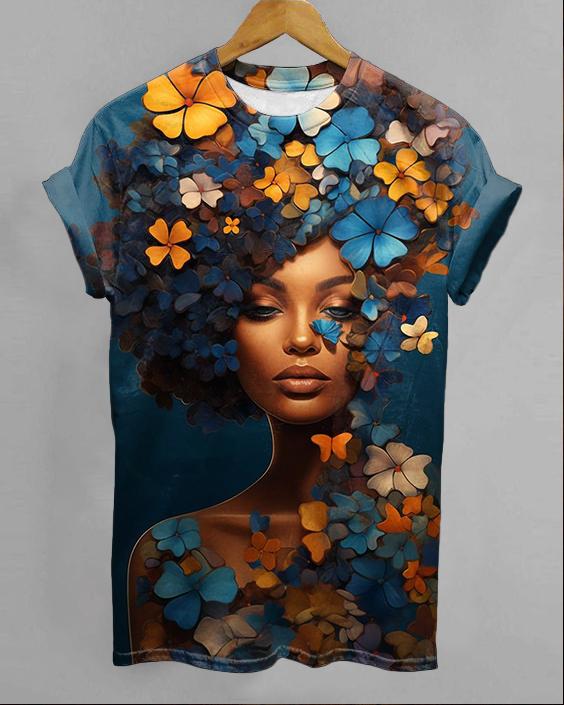 Oil Flower Black Girl Printed Short Sleeve T-shirt