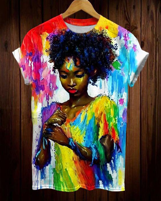 Brown Girl Watercolor Oil Painting Short Sleeve Tshirt